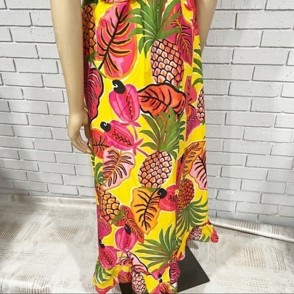 Farm Rio Yellow Tropical Pineapple Parrot Smocked Maxi Dress | Size Small - Picture 4 of 16